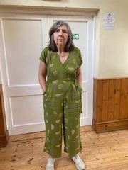 Evelyn modelling a lovely jumpsuit, the third she has made this month